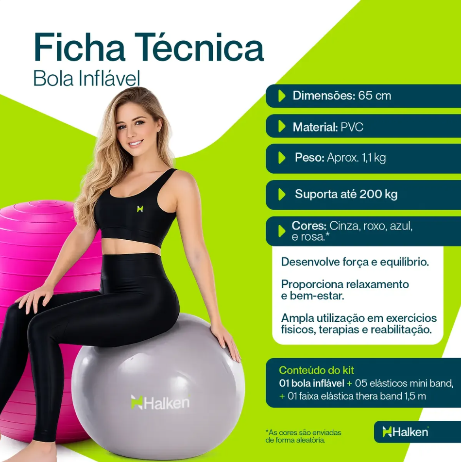 Ficha técnica da bola inflável: 65cm, PVC, suporta até 200kg
